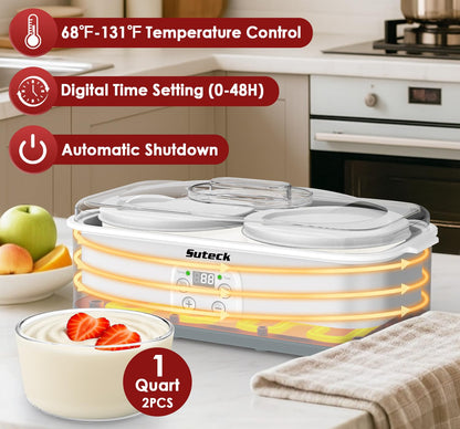 Suteck Yogurt Maker - Stainless Steel Yogurt Makers with Adjustable Time & Temp Control，Automatic Shut-Off & Constant Temper for Homemade Greek, Probiotic Yogurt, BPA-Free 2 Yogurt Bowls (2 Quart)
