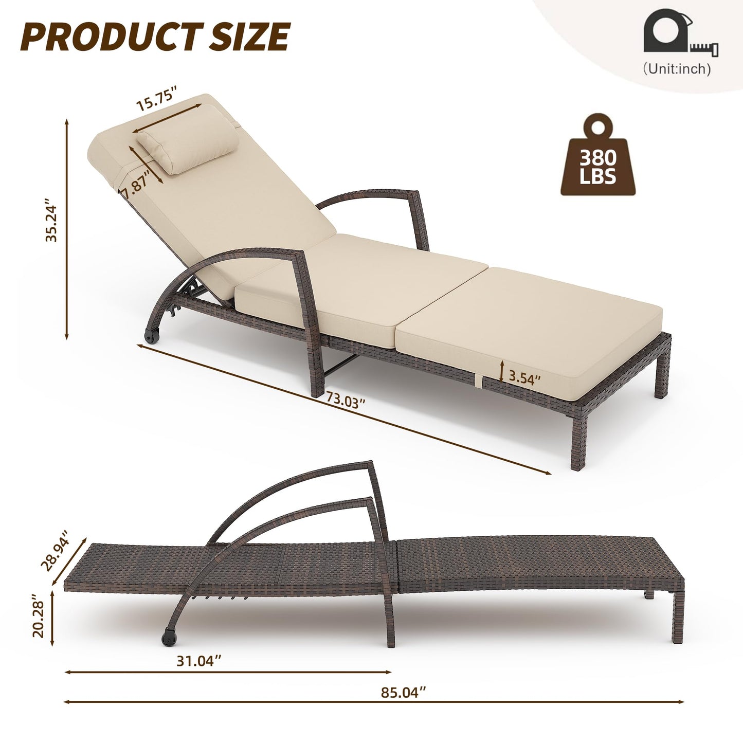 GarveeLife 2-Piece Rattan Patio Folding Chaise Lounge, 5-Position Adjustable Backrest Outdoor Lounge Chair with Cushion and Pillow for Poolside, Backyard, Deck, Porch, Beige
