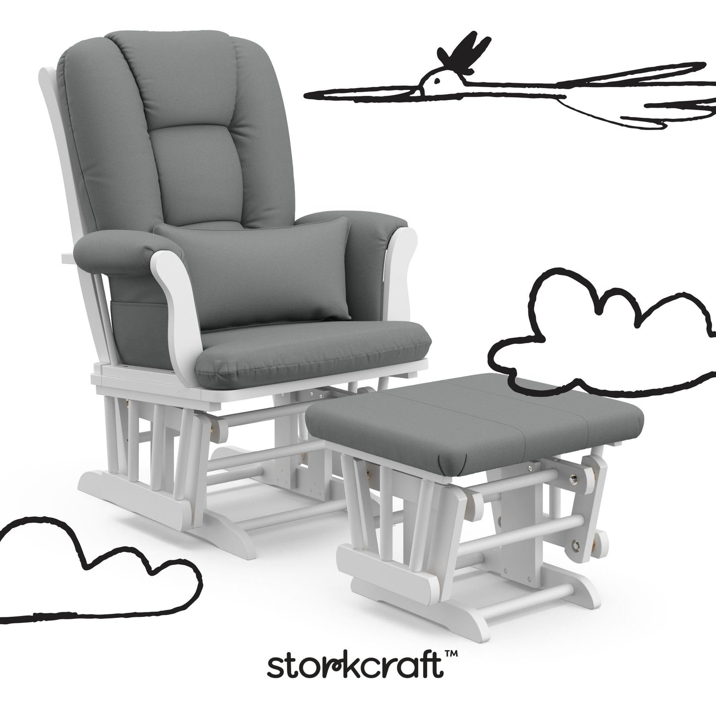 Storkcraft Tuscany Custom Glider and Ottoman with Free Lumbar Pillow (White/Grey) - Cleanable Upholstered Comfort Rocking Nursery Chair with Ottoman