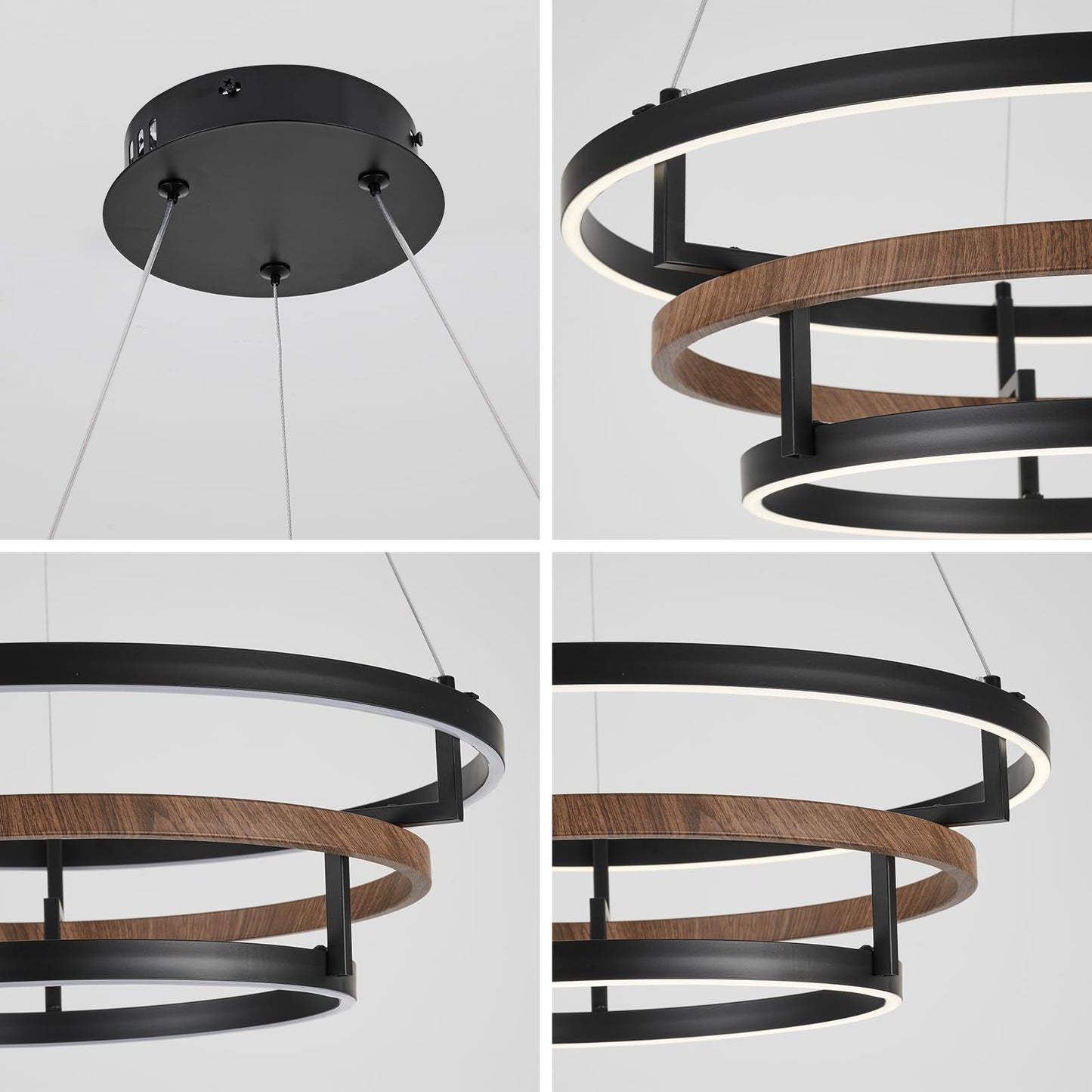 Three-Ring 48-inch glod Vintage Wood-Grain Farmhouse LED Chandelier with Remote Control and dimmable Brightness, Suitable for Dining Room, Kitchen, and Living Room. (glod-48)