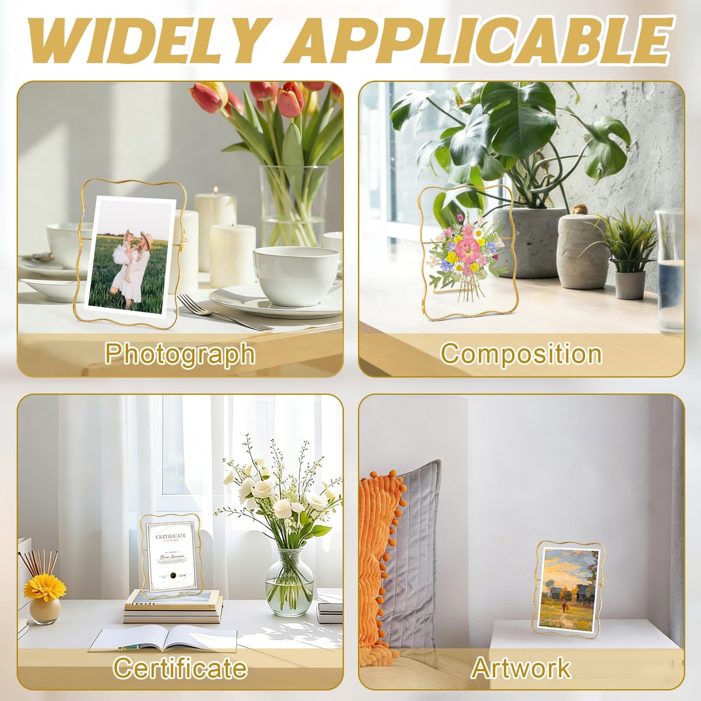 Himitimi Double Glass Frame for Pressed Flowers, 6x8 Inch Handmade Wave Pressed Flower Frame Metal Floating Picture Frame for Tabletop Display DIY Artwork Home Decor(Gold)