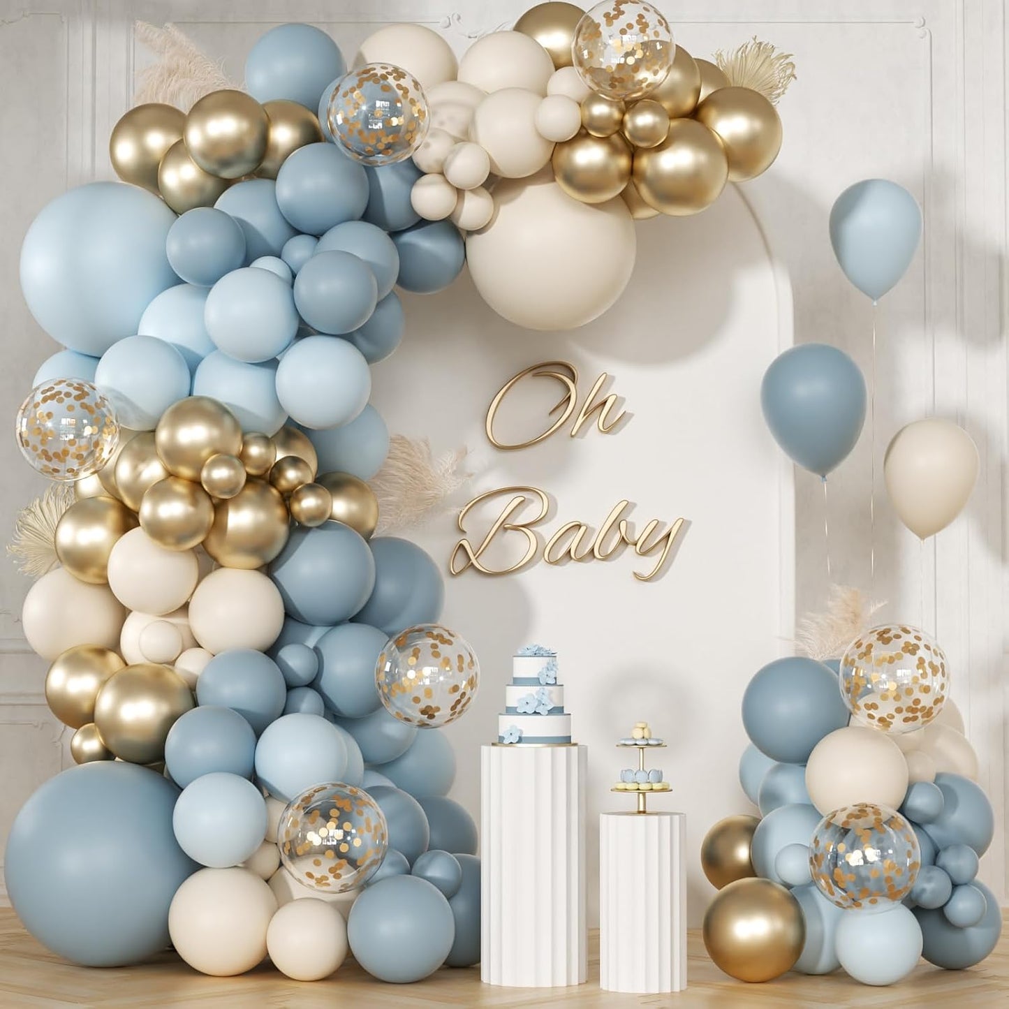 147pcs Dusty Blue Balloon Garland Arch Kit, Light Baby Blue Sand White Metallic Gold Confetti for Birthday Wedding