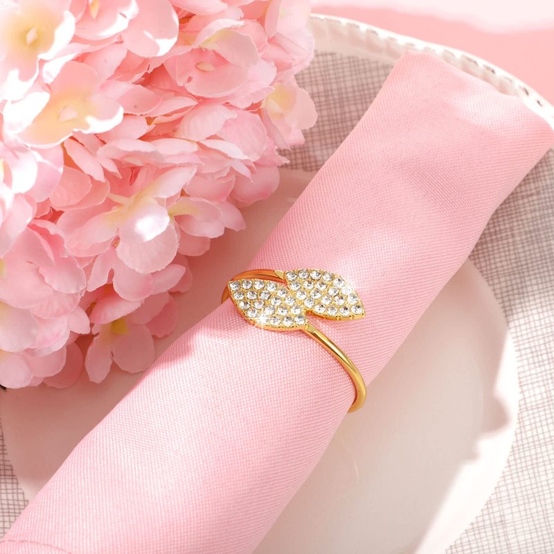 Hotop 150 Pcs Gold Napkin Rings Gold Table Decorations, Elegant Bling Leaves Napkin Rings, Rhinestone Guest Towels Buckle for Holiday Gather Party, Wedding Dinner Banquet Table Decoration
