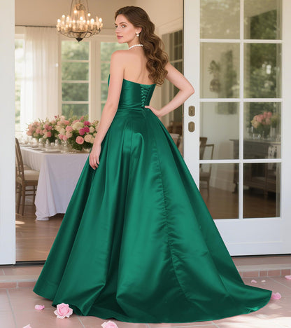 MllesReve Womens Long Strapless Satin Prom Dress Sleeveless Slit Evening Ball Gown with Pockets Burgundy Size 6