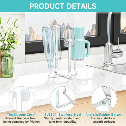 Bottle Drying Rack Reusable Drying Rack for Bottles Metal Foldable Water Bottle Dryer Holder Space Saving Cups Dryer Racks Kitchen Stand Holder for Plastic Bags, Bottles and Cups (Silver, 1PC)