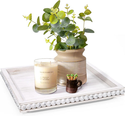 12in HPC Decor Square Decorative Tray for Home Decor- White Wood Beaded Tray- Decorative Square Tray for Living Room
