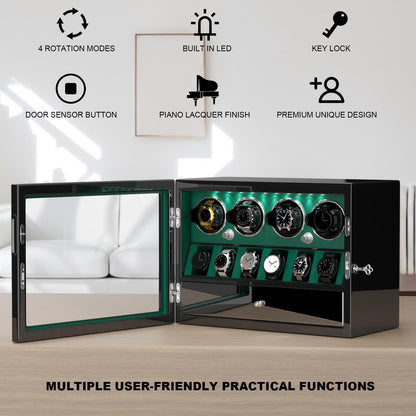 DUKWIN Watch Winder for 4 Automatic Watches,Lockable Watch Winders with Watch and Jewelry Storages, Super Quiet Mabuchi Motor with High-Gloss Piano Lacquer Finish,Built-in Illumination-Green