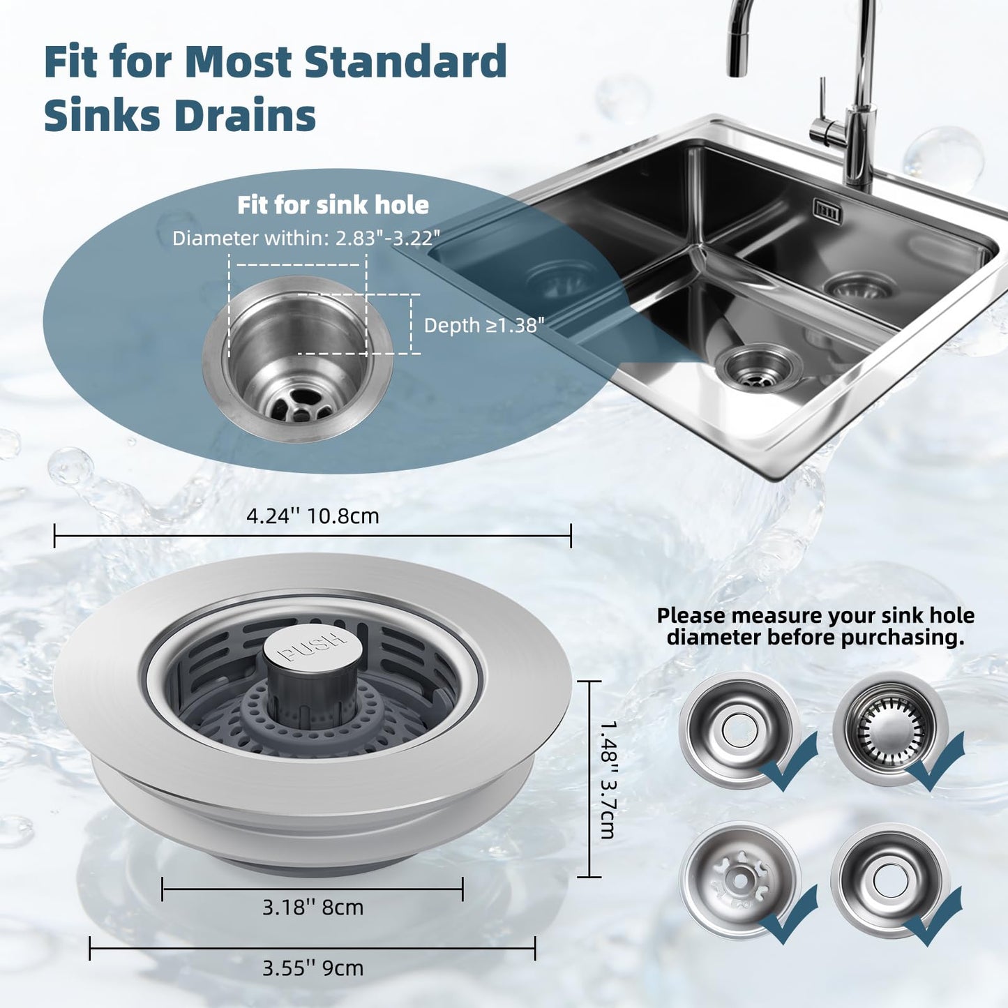 Hibbent Upgraded 3 in 1 Kitchen Sink Drain Strainer, Stainless Steel Pop Up Sink Stopper, Larger Anti-Clogging Basket, 3-Layer Seal, Detachable Drain Plug for US Standard 3-1/2" Drain, Brushed Nickel