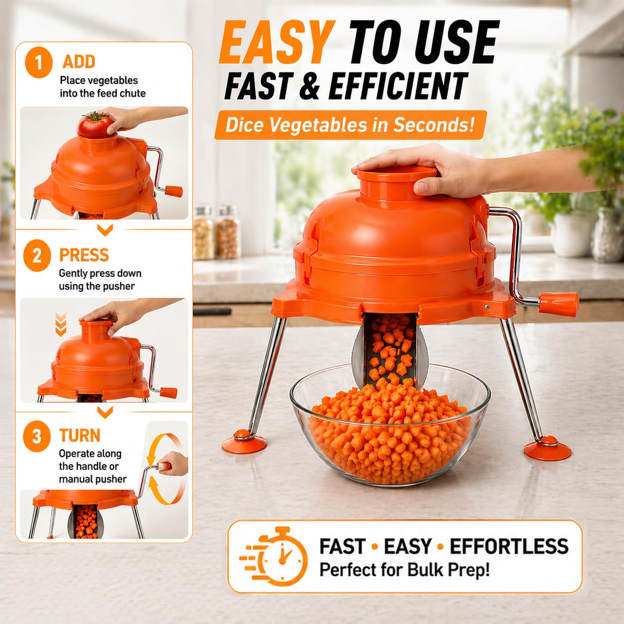 CL003 Commercial Vegetable Dicer, CL003 Dynacube Manual Tabletop Cuber, Heavy Duty 1/4" x 1/4" Food Prep Cutter, Orange Kitchen Vegetable Cutting Tool, Durable for long lasting use