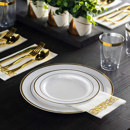 Munfix 100 Gold Plastic Plates Set, 7 Inch Disposable Dessert Appetizer Plates, Elegant Fancy Heavy Duty for Party, Wedding, White with Gold Rim