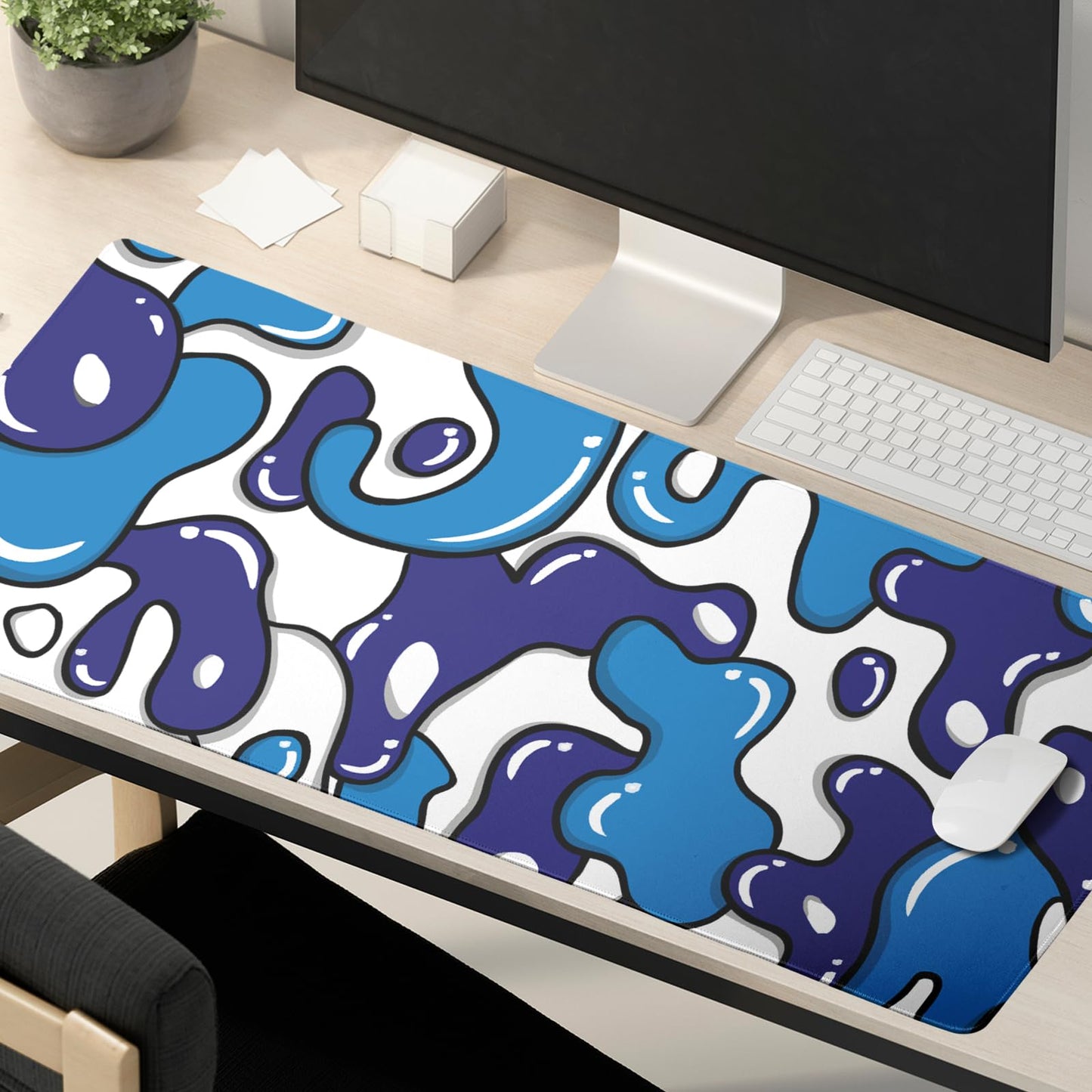 Navy Blue White Gaming Mouse Pad XL 31.5”x11.8” Anime Cool Desk Pad Geometric Japanese Desk Mat Non-Slip Rubber Base Stitched Edge Extended Keyboard PC Computer Pad Gaming for Home Office Work Desktop