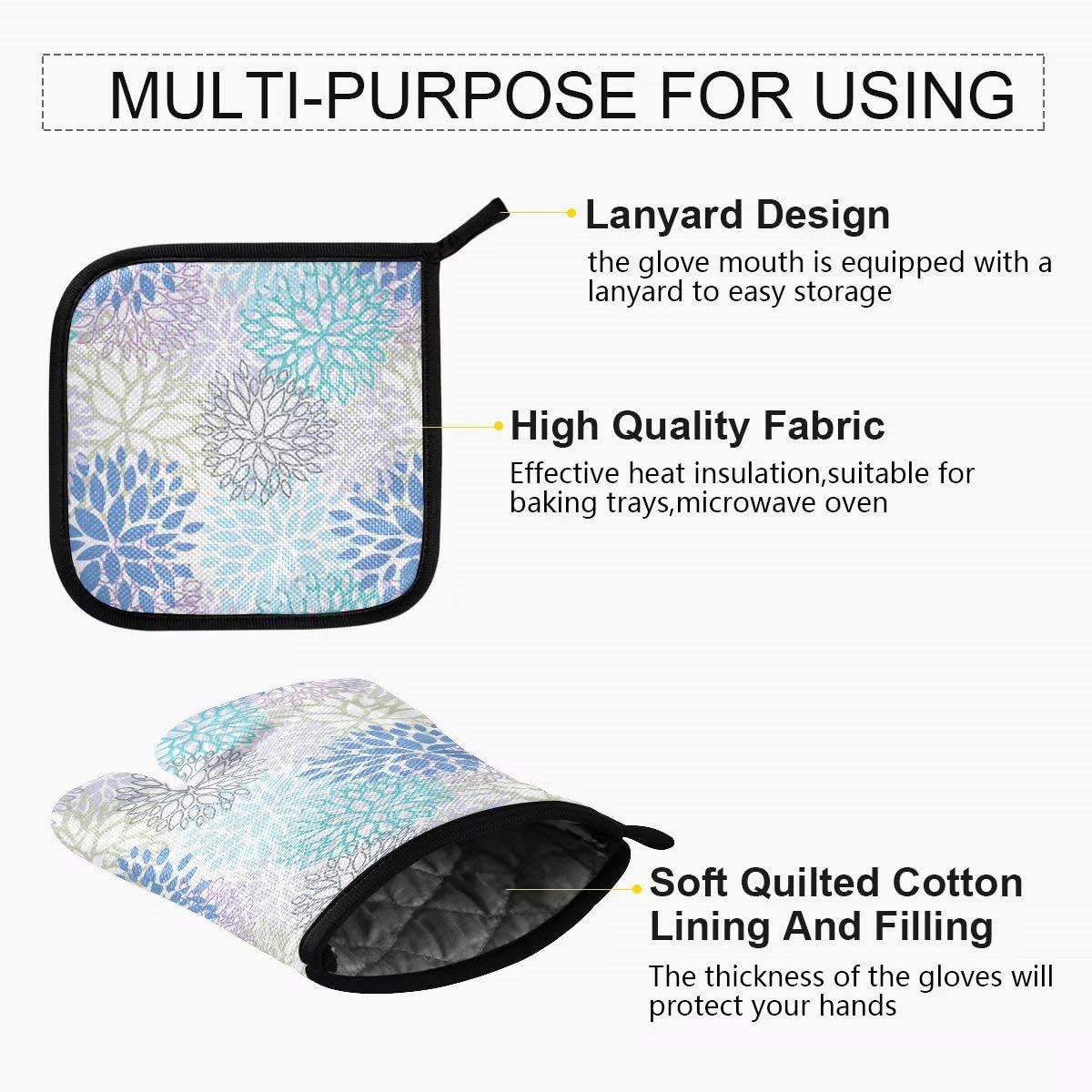 Dahlia Flower Oven Mitts and Pot Holders Set, Heat Resistant Non-Slip Daisy Sunflower Oven Gloves for Cooking Baking BBQ