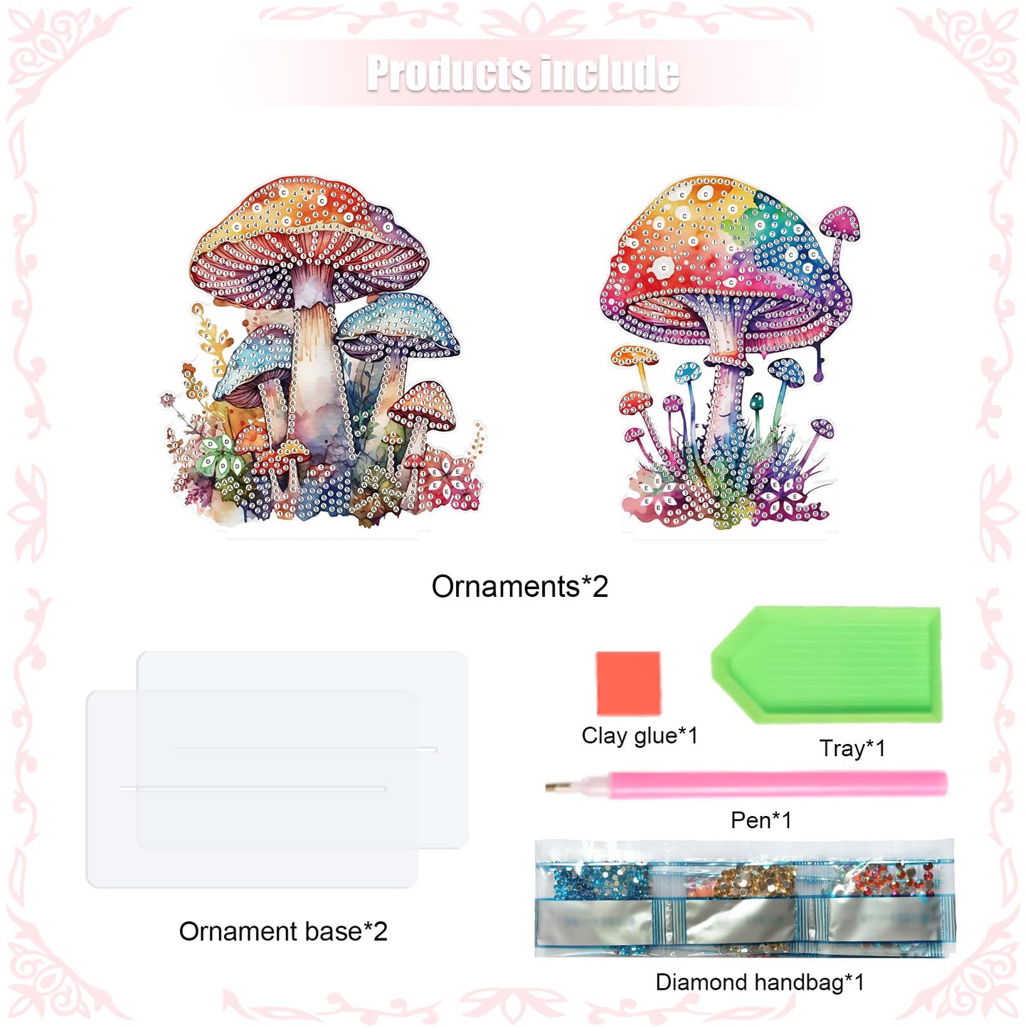 antor 2 Pcs Mushroom Diamond Art Tabletop Ornaments, 5D Acrylic Crystal Diamond Painting Desktop Kits for Adults, DIY Special Shaped Diamond Art Desk Decorations for Home Office, Desktop Crafts Gifts