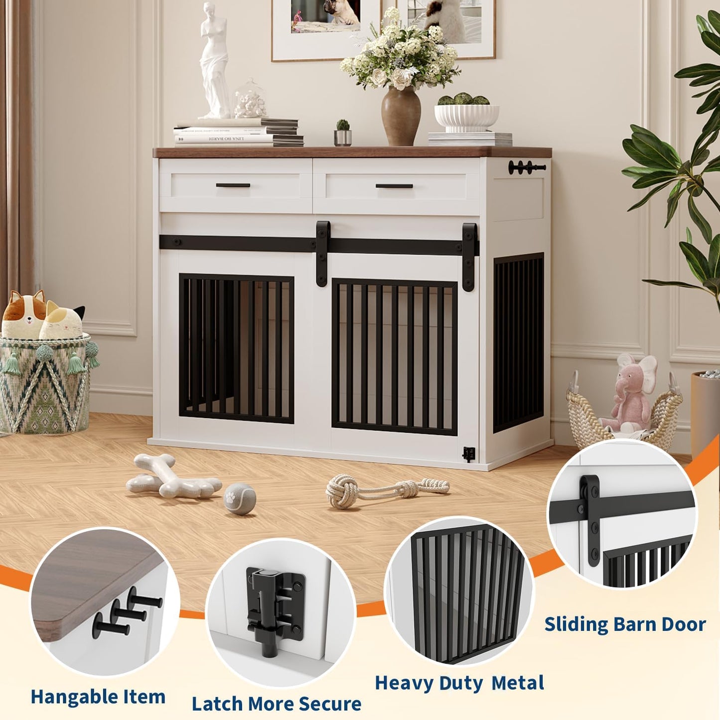 44.5'' Dog Crate Furniture with Hook & Storage Drawers, Wooden Heavy Duty Dog Kennel Indoor with Sliding Barn Doors, Decorative Pet House End Side Table TV Stand for Medium/Small Dogs,White