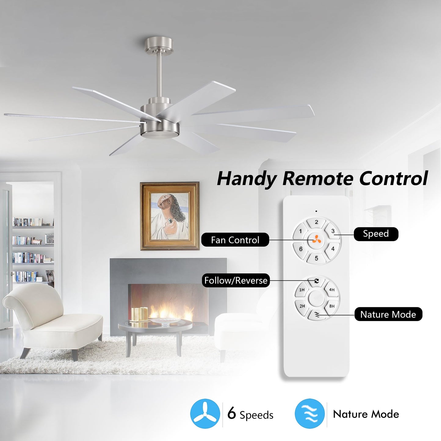 WINGBO 60" Large DC Ceiling Fans without Lights, 3 Downrods, 8 Plywood Blades, 6-Speeds Reversible DC Motor, Indoor Ceiling Fan No Lights for Bedroom Living Room Patio, Brushed Nickel and Silver