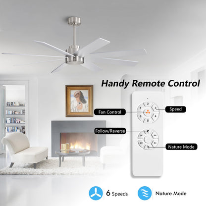 WINGBO 60" Large DC Ceiling Fans without Lights, 3 Downrods, 8 Plywood Blades, 6-Speeds Reversible DC Motor, Indoor Ceiling Fan No Lights for Bedroom Living Room Patio, Brushed Nickel and Silver