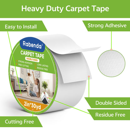 Rabenda Double Sided Carpet Tape - 2 Inch x 30 Yards Removable Rug Tape for Hardwood Floors, Tile & Laminate - No Residue Strong Hold Anti Slip Gripper for Area Rugs, Mats & Carpets