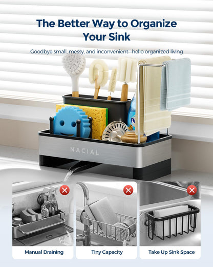 Nacial Kitchen Sink Caddy Organzier with High Brush Holder, Sponge Holder for Kitchen Sink with Two Towel Racks - Rustproof 304 Stainless Steel Kitchen Countertop Storage Essentials