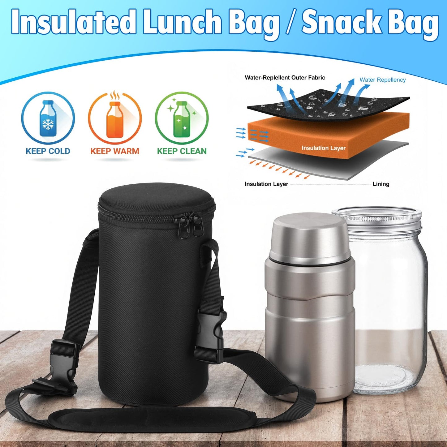 Easecos Food Jar Carrier Bag Insulated Lunch Bag Compatible with Thermos 24 Oz Insulated Jar, Wide Mouth Mason Jars Holder Pouch with Adjustable Shoulder Strap for Office Commute, Picnic, Camping
