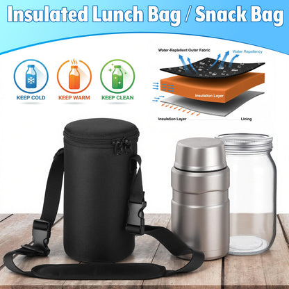 Easecos Food Jar Carrier Bag Insulated Lunch Bag Compatible with Thermos 24 Oz Insulated Jar, Wide Mouth Mason Jars Holder Pouch with Adjustable Shoulder Strap for Office Commute, Picnic, Camping