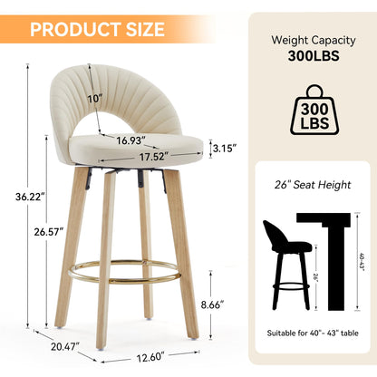 FERFALDER Bar Stools Set of 2, Swivel Counter Height Bar Stools with Bentwood Legs,Metal Footrest,Mid Century Modern Faux Leather Upholstered Counter Stools for Kitchen Island, Bar, Restaurant-Beige