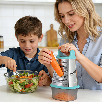 Ourokhome Cheese Grater with Handle, Stainless Steel Box Grater, 4 Side Kitchen Vegetable Shredder Slicer Zester with Container for Parmesan, Cabbage, Ginger, Lemon, Chocolate, Coconut (Teal)
