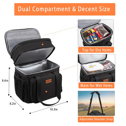 Expandable Insulated Large Lunch Box, Double Deck Heavy Duty Durable Lunch Bag Leakproof Cooler Bags for Men Women Adults Work Shift Flight Beach Daytrip, 20 Can, Black, GLENKEY