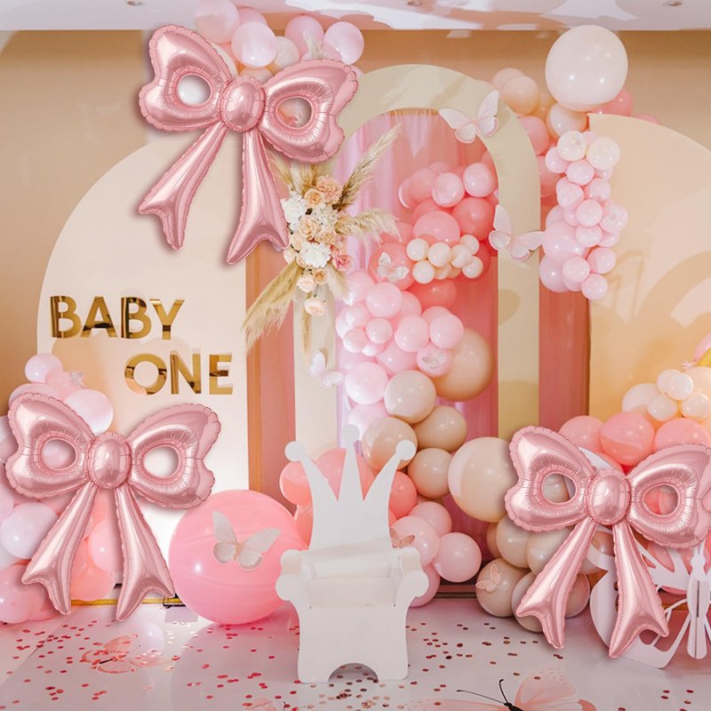 Pink Happy Birthday Balloons, 31”Huge Pink Bow Aluminum Foil Balloons for Girl Woman Birthday, Princess, Coquette Party Decorations Supplies