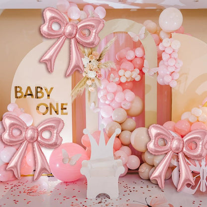Pink Happy Birthday Balloons, 31”Huge Pink Bow Aluminum Foil Balloons for Girl Woman Birthday, Princess, Coquette Party Decorations Supplies