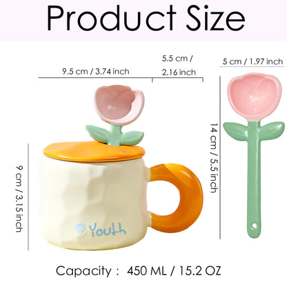 Disoza Mug With Lid 15 OZ Ceramic Tea Christmas Pink Tulip Coffee Flower Cup Floral Funny Coffee Mug Birthday Gift for Women Girlfriend