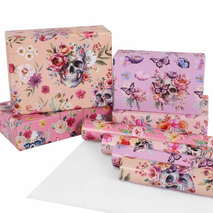 Aimyoo Halloween Wrapping Paper Rolls - 17 Inch x 16.5 Feet - 4 Rolls - Gothic Skull, Floral Design Perfect for Halloween, Christmas Decorations, Holidays, and Parties