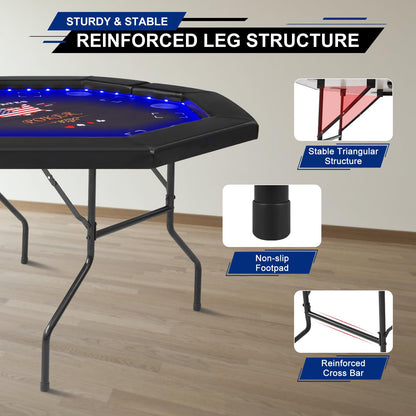REAHOISY Foldable Poker Table with LED Lights, Octagon Casino Leisure Texas Holdem Table for 8 Player, Folding Blackjack Table w/Built-in LED Light, Padded Rails & Cup Holders for Home Game Room