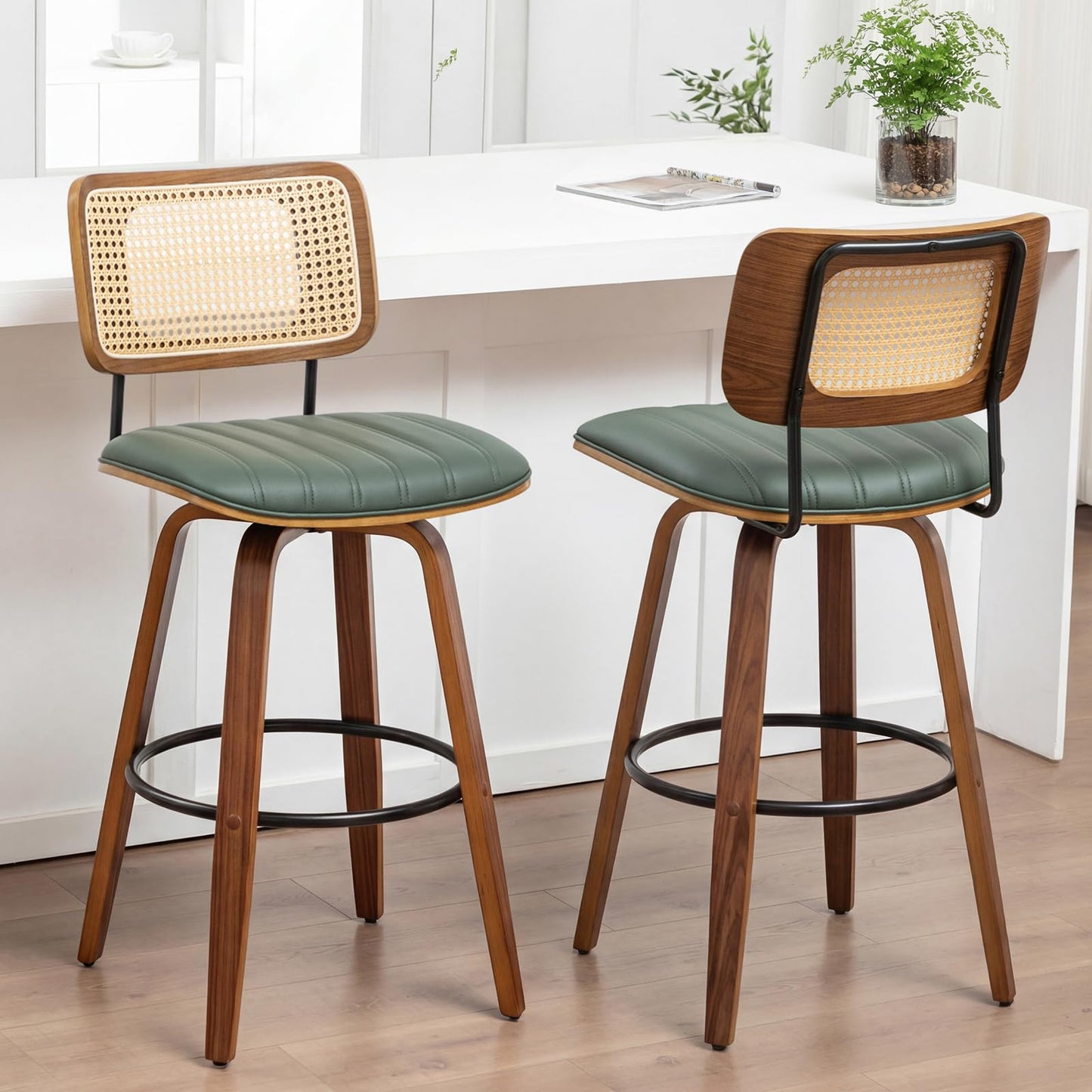 Set of 2 Swivel Bar Height Stools, 30.3 Inch Rattan Cane Back, Faux Leather Upholstered Seat, Solid Wood Frame with Walnut Finish, Metal Footrest, Mid Century Kitchen Island & Home Bar Stools, Green
