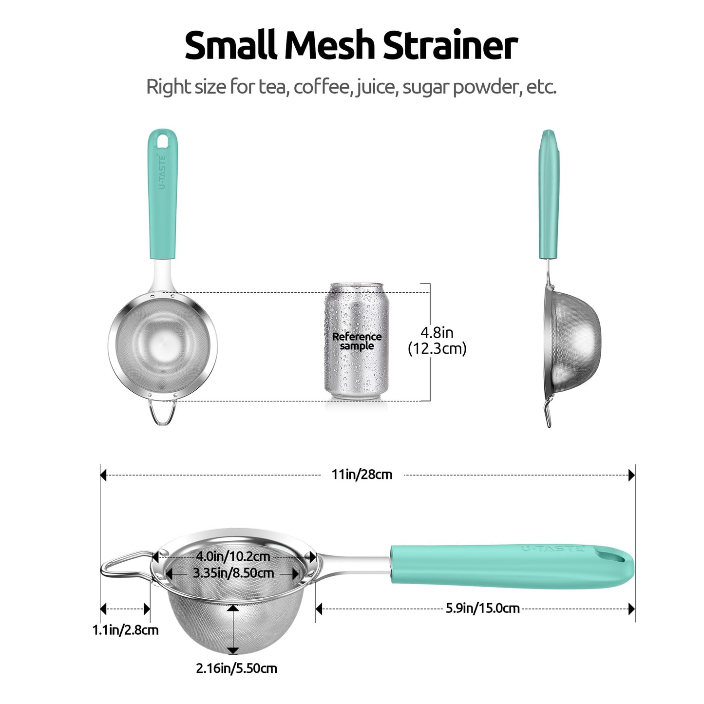 U-Taste Small Fine Mesh Strainer: 18/8 Stainless Steel 3.35in 30 Mesh Kitchen Food Sieve with Sturdy Riveted Silicone Handle, Heavy Duty Deep Handheld Metal Colander for Tea, Juice (Aqua Sky)