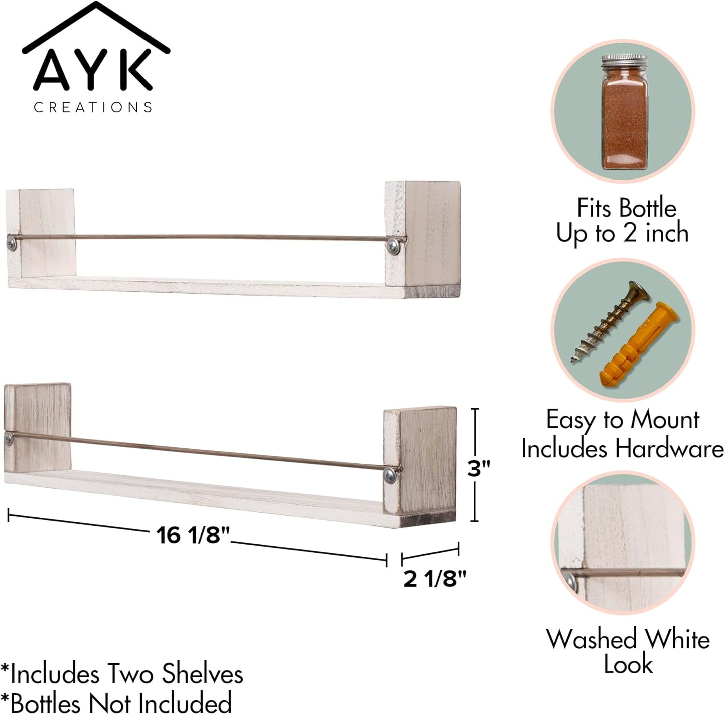 Farmhouse Kitchen Decor Wall Mounted Spice Rack, 2 Shelves in Washed White for Wooden Spice Storage