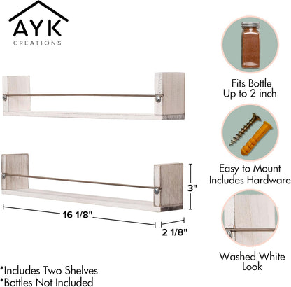 Farmhouse Kitchen Decor Wall Mounted Spice Rack, 2 Shelves in Washed White for Wooden Spice Storage