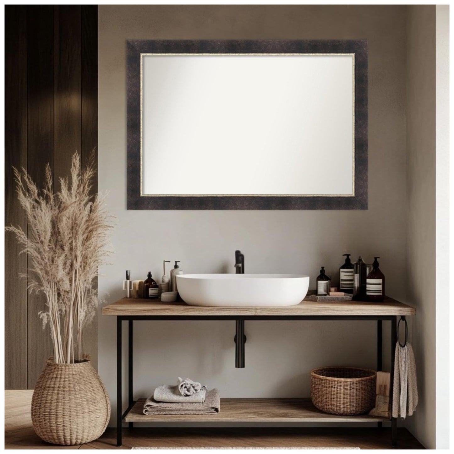 Amanti Art Bronze Bathroom Mirror for Over Sink, 29x41 Odin Antique Bronze Rectangle Vanity Mirror, Large Modern Wood Frame, Hangs Horizonally and Vertically, Bathroom Wall Decor, Non-Beveled Edge