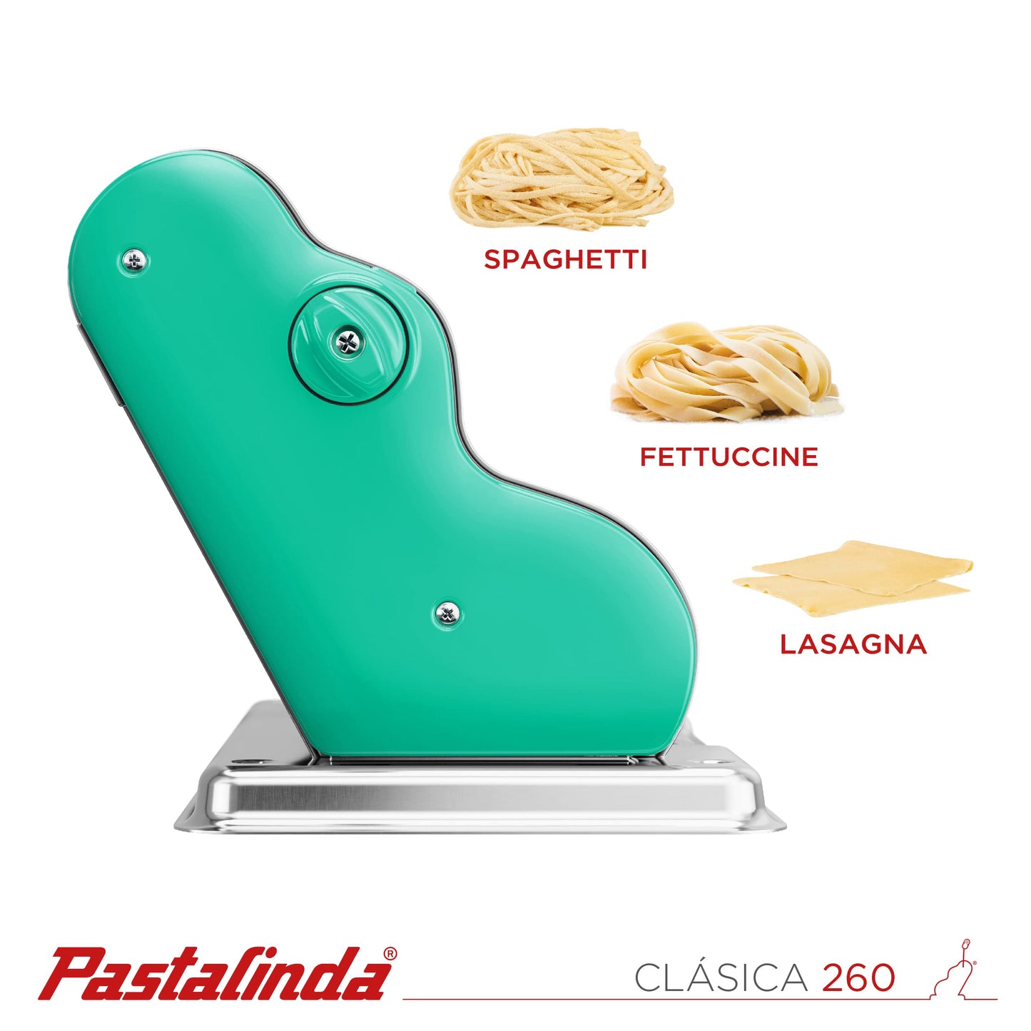 PASTALINDA Classic 260 Pasta Maker Machine, 26 cm Wide Rollers, 9 Thickness Positions, 2 Cutting Positions, Stainless Steel. Includes Reinforced Hand Crank And Two Clamps (Green)