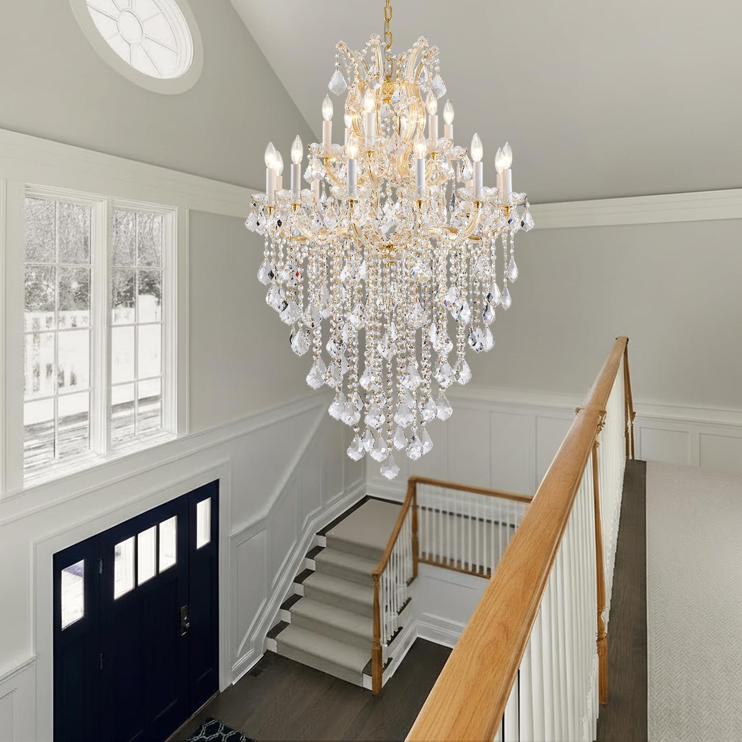 DUNFIZZ Large Modern Gold Crystal Chandeliers 18-Light Foyer Chandelier for High Ceiling Maria Theresa Crystal Chandelier Light Fixture for Living Room Staircase Entryway Hallway, H45 x W31