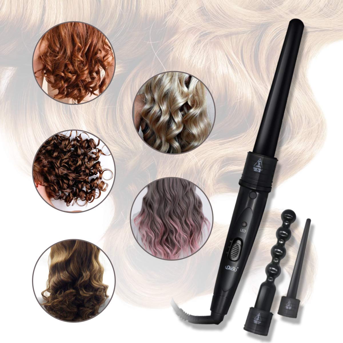6 in 1 Curling Iron Wand Set with 6 Interchangeable Ceramic Barrels and Heat Protective Glove (Black-6in1) (Black-6)