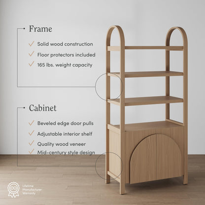 Nathan James Iris 3 Tier Bookshelf, Arched Bookcase Cabinet, Solid Wood Bookcase with Cabinet Base, Boho Bookshelf in Raw Oak Finish, Set of 2