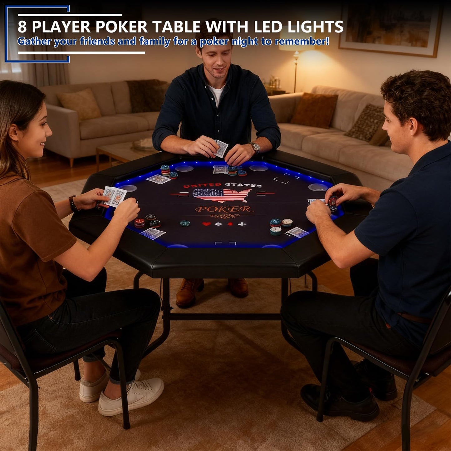 REAHOISY 48" LED Poker Table, 8 Players Foldable Octagonal Casino Table for Home Game Room, Folding Texas Holdem Board Game Table with LED Light & Padded Armrest & Cup Holders
