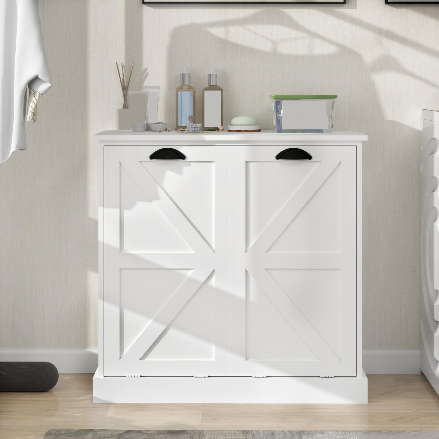 Modern Contemporary Laundry Sorter Cabinet, Two-Compartment Tilt-Out, for Bathroom Living Room Hallway