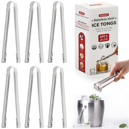 DUGATO Stainless Steel Cocktail Tongs (6 Pack, 6.3 inch) - Small Bar Ice Tongs with Sharp Grip Teeth for Ice Buckets, Sugar, Olives & Garnishes - Party Essentials