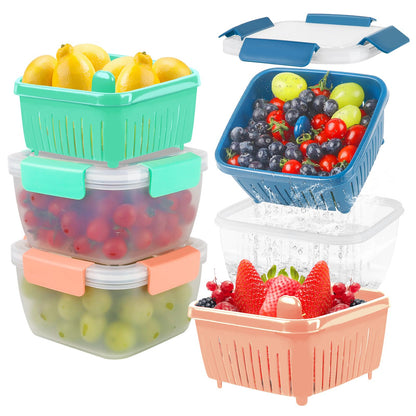 50oz Berry Keeper Fruit Storage Container for Fridge, Fresh Food Produce Saver Containers with Removable Drain Colanders, Vegetable Lettuce Keeper Bowl, Refrigerator Organizer, PRESS TO OPEN CLOSE LID