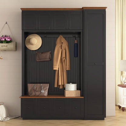 Shaical Hall Tree with Bench and Pull-Out Storage, 5-in-1 Entryway Shoe Bench with Coat Rack & 4 Drawers 2 Cabinets 4 Hooks, 78.7''H Wooden Storage Organizer for Hallway, Mudroom, Entrance, Black