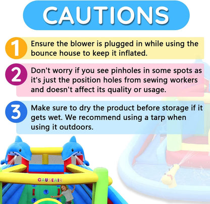 Causeair Inflatable Bounce House with Slide,Dolphin Styling,Splashing Pool,Double Water Cannon,Climbing Wall,Heavy Duty GFCI Blower,Inflatable Water Park Slide for Kids Backyard Summer