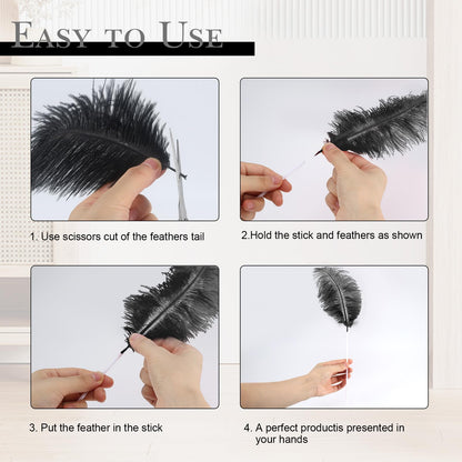 80pcs 15-17 inches (38-43 cm) Natural Bulk Ostrich Feathers Kit. Kits Contain 8-10 inches of Feathers and 7 inches of White Feather Sticks.for Various DIY Projects. (Black, 8-10-Inch)