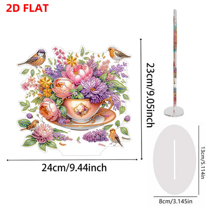 C'eitura 2D Flat Acrylic Diamond Art Painting Kit, Flower in Cup Special Shaped Diamond Art for Desk Decor, DIY Desktop Ornament for Adults & Beginners, Cute Home Office Decoration 24x22cm
