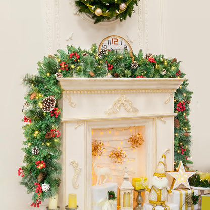 TigeJoy 9FT Luxury Prelit Christmas Garland with Warm White LED Timer Lights, Snow Cedar Garland with Red Berries, Mixed Pinecones, 8 Modes 3AA Battery Operated Xmas Decor for Fireplace Doorway Porch